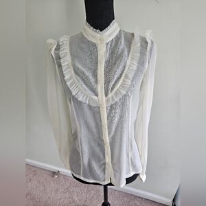 Vintage Elegant Sheer Cream Ruffled Women's Top - Sz M